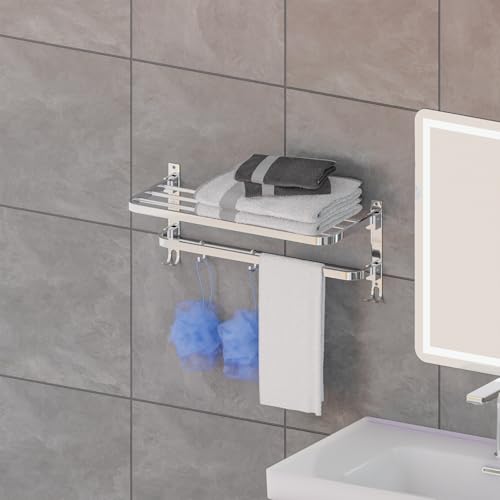 Image of Towel Rack for Bathroom, Shelf for Wall with Towel Hooks, Towel Rack, Kitchen Accessories Items Wall Mounted for Heavy-Duty Elegance (Chrome, 18 Inch)