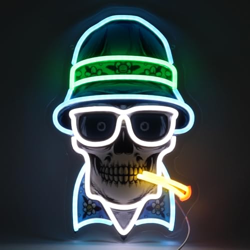 Image of Hats, Bones & Smoke Rings LED Neon Sign USB Powered for Wall Decor, Skull Neon Night Light Sign Dimmable for Boys Room Party Decor Halloween Birthday Gifts