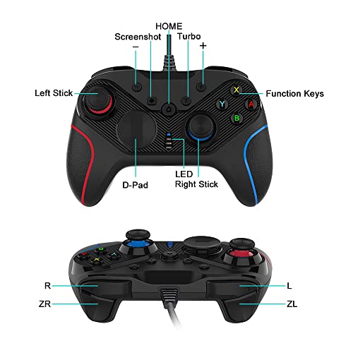 Gamepad com fio USB, controle de jogo ergonômico, alça de jogo com joysticks duplos turbo giroscópio