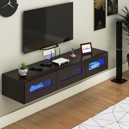 Image of Anikaa Rayza Wall Mount Modern Floating TV Unit for Living Room | 3 Closed Storage cabinets with hinged Door - 3 Blue LED Light | Ideal for UP to 55 Inch TV (Wenge Finish - DIY Installation)