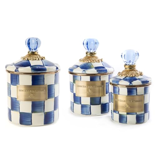 MACKENZIE-CHILDS Enamel Canister Set, Mini (14 oz.), Demi (24 oz.), and Small (38 oz.) Kitchen Containers, Blue-and-White Royal Check by MACKENZIE-CHILDS - Used condition - US$121.10
