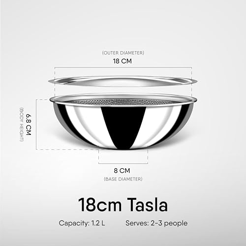 Stahl Artisan Hybrid Triply Non Stick Tasla with Lid, Stainless Steel Kadai/Tasla for Cooking, Triply Kadhai/Tasla Metal Spatula Friendly, Induction & Gas Stove Compatible, 1.2 L, 18cm
