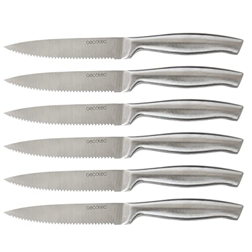 Cecotec Set di 6 coltelli da bistecca professionali con sega Manico e lama forgiati in un unico pezzo di acciaio. Coltelli da bistecca professionali di