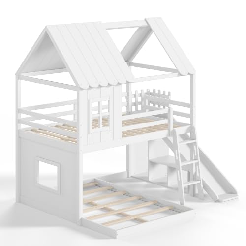 Image of Bellemave Bunk beds Full Over Full with Slide,Ladders,Bookshelf and Wardrobe House roof Design, Low bunk /loft Bed for Kids,White