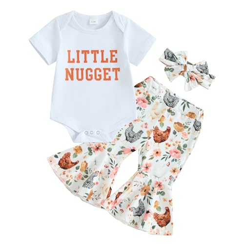 Image of Karuedoo Newborn Baby Girl Farm Outfits Letter Print Short Sleeve Romper Chicken Flared Pants Headband 3Pcs Outfits Sets