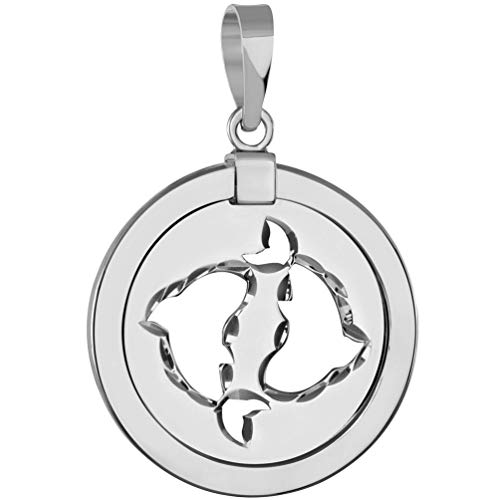 14k White Gold Round Pisces Zodiac Sign Fish Animal Medallion Pendant Necklace (Reversible)3