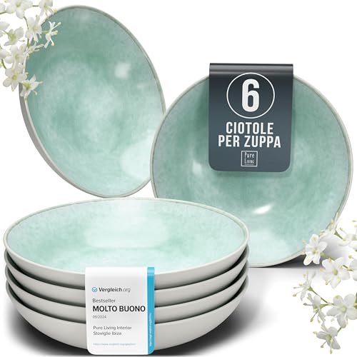 Servizio Piatti Ibiza per 6 Persone - Set di Piatti Fondi Moderni in Gres Porcellanato Premium, Resistenti ai Graffi, Adatti a Lavastoviglie e Microonde - Stile Elegante - Pure Living Beige e Turchese