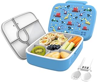 tiddlers & nippers 5 Compartment Lunch/Bento Box for Kids & Adults! | Includes Reusable Cutlery - Fork & Spoon | Leak-Proof & BPA-Free | Microwave, Freezer & Dishwasher Safe (Diggers & Lorries)