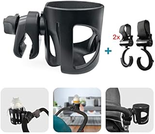 Pram Cup Holder, Pushchair/Stroller Cup Holder, Universal Baby Bottle Pram Organiser, Drink and Coffee Cup Holder, with 2 Pram Hooks, Can Be Used for Baby Buggy, Bike and Wheelchair