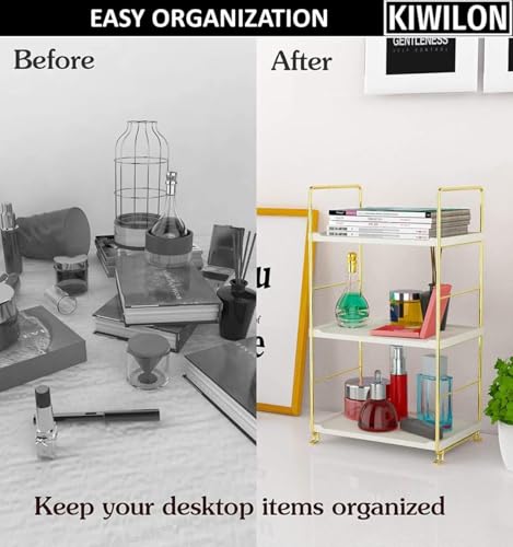 Image of Iron 3 Tier Counter Top Organizer I Bathroom Organizer Stand I Desk Organizer I Multi-Purpose Storage Countertop Racks For Kitchen (Gold-3Tier-Rectangle)
