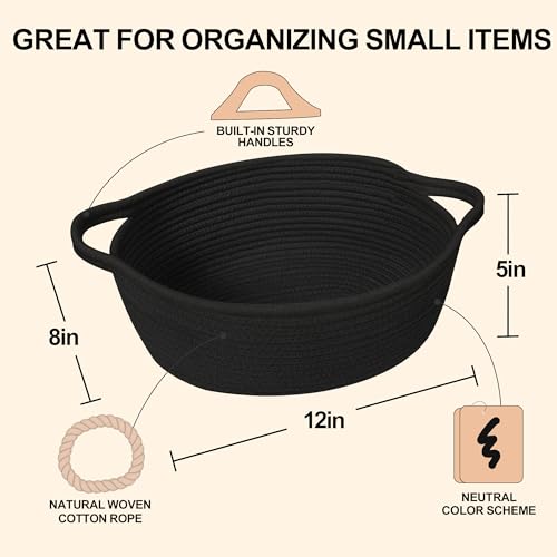 Image of Small Woven Gift Basket, Baskets for Gifts Empty, Cotton Rope Cat Dog Toy Bin Box, Nursery Baby Organizer, Wicker Easter Basket with Handle, Shelf Storage Bin for Decor, Black, 12 inchx 8 inchx 5 inch
