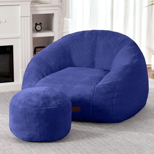 Image of HABUTWAY Bean Bag Chair, Giant Bean Bag Chairs for Adults with Ottoman, Comfy Faux Fur Shell-Shaped Bean Bag Couch, Sofa Chair for Living Room, Bedroom, Navy Blue