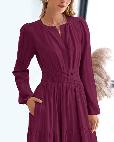 BTFBM Fall Dresses for Women 2025 Casual Long Sleeve V Neck Elastic Waist Lightweight Maxi Wedding Guest Dress Pockets