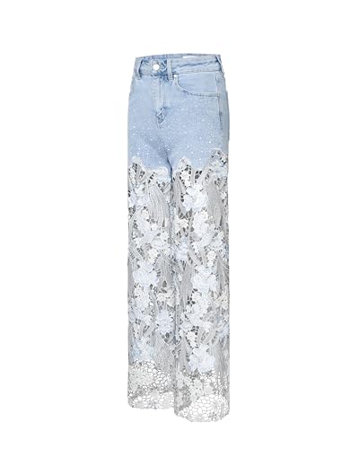 Image of JW PEI Women's Embroidery High Rise Wide Leg Lace Denim Jeans with Rhinestone