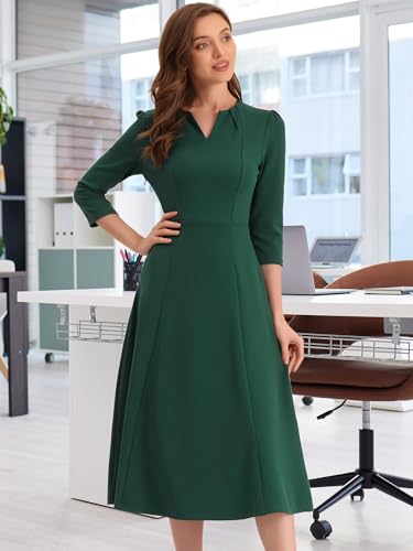 Image of Allegra K Womens 3 /4 Sleeve A-Line Business Work Formal Midi Dress | Elegant Dresses with Pockets, V Neck, Cockatail Party Church Funeral Outfits, Spring Fall Winter