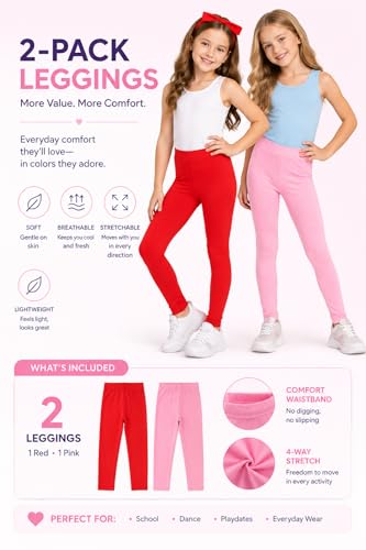 Image of BODYCARE Girl's Skinny Fit Girls Leggings Pack of 2- Soft Stretch Lycra Full Length Pants for Kids - School Casual Dance Gym Everyday Wear