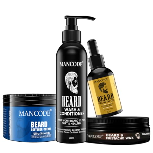 Image of MANCODE Beard Grooming Kit - Beard Growth Oil 50 ml | Beard Wash and Conditioner 200 ml | Beard Softener Cream 100gm | Beard & Mustache Wax for Men 50 gm - Beard Care Kit for Men (Pack of 4)
