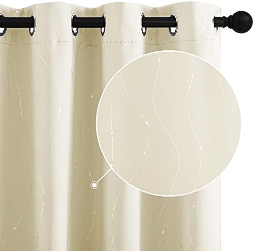 StangH Beige Thermal Insulated Curtains 84 inch for Patio Door, Grommet Blackout Curtains with Silver Wave Line Pattern for Living Room/Office, W52 x L84 inch, Cream Beige, 2 Panels