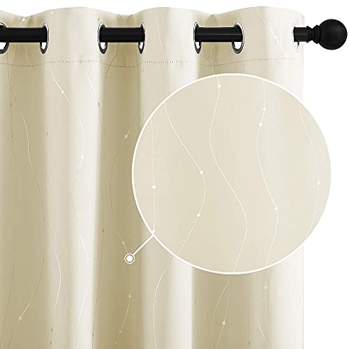 StangH Beige Thermal Insulated Curtains 84 inch for Patio Door, Grommet Blackout Curtains with Silver Wave Line Pattern for Living Room/Office, W52 x L84 inch, Cream Beige, 2 Panels