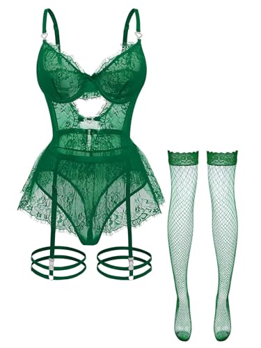 Image of Foxiny Sexy Lingerie Set 3 Piece Women Corset Bodysuit | Sheer Mesh Lace Push-Up Underwire Heart Garter Stocking Plus Size Curvy Exotic Costume Halloween Christmas Valentine's Day