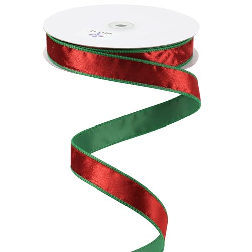 MEEDEE Crushed Red Velvet & Green Back Double Sided Christmas Wired Ribbon, 1 Inch x 25 Yards, Velvet Wired Ribbon for Christmas Tree, Wreaths, Crafts, Gifts