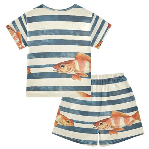 ALAZA Fishes Stripes Pajama Set Short Sleeve Sleepwear Soft Lounge Nightwear2