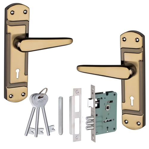 Image of Milton Iron Mortise Lock Set with Handle, Black Gold Finish, 200mm Length, 125mm Handle, Complete with Keys and Lock - MHI-TRISHUL