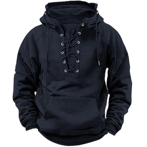 Men's Hooded Solid Hoodies Loose Fit Vintage Aesthetic Pullover Sweatshirts Fashion Lace Up Long Sleeve Casual Tops