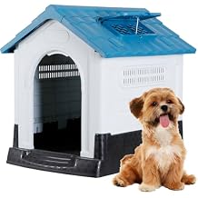 26.8 Inch Dog House Indoor Outdoor Folding Pet Plastic Doghouse w/Adjustable Skylight Elevated Base Puppy Shelter Kennel Crate,Blue