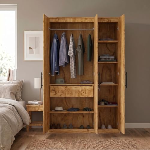 Image of FFO Metrix 3 Door Wardrobe for Bedroom | Black Wooden Almirah with Hanging Rod, Shelves & Lock | Spacious Clothes Storage Cabinet for Home, Bedroom, Hostel & Office | Modern Engineered Coach Wood DIY.