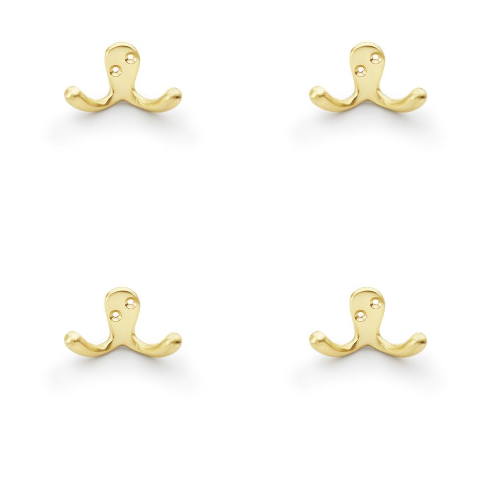 Loops Satin Brass 4 Pack - Solid Brass Victorian Double Robe Coat Hook - Wall Mounted Holder