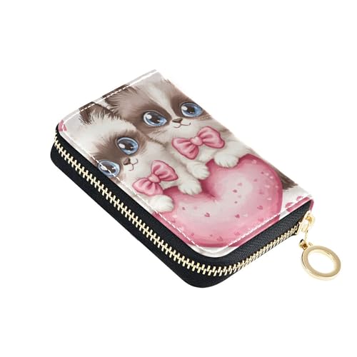Zip Around Wallet Womens 9 Credit Card Slots & 2 Cash Slots Leather Travel Cash Wallet with Coin Pocket Romantic Twin Cats Love Hearts