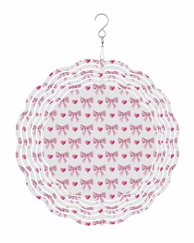 Sweet Wind Spinners, Pink Love Heart Bow Hanging Wind Spinners for Yard and Garden 3D Stainless Steel Metal Sculptures Crafts Ornaments 12 Inch