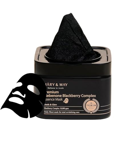 Image of Mary&May Idebenone Blackberry Essence Mask, Bamboo Charcoal, 20 Sheets | Premium Korean antioxidant mask, 500ppm idebenone, 63% berry, 6 peptides, stable vitamin C, niacinamide & ceramide, pull-out