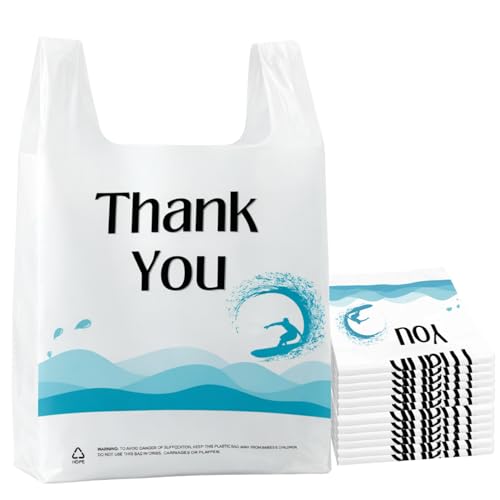 YoYoRain 100 Count Plastic T-Shirt Carry Bags with Handles, Durable Retail & Merchandise Shopping Bags for Grocery and Take-Out