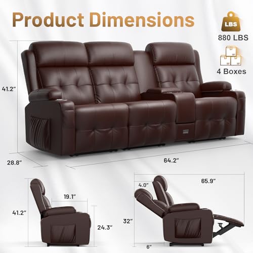 Image of Recliner Sofa Set, Home Theater Seating with Massage, Loveseat Recliner Couch and Recliner Single Chair with USB, Wall Hugger Reclining Movie Theater Chair with Cup Holders, Drawer for Gaming Room