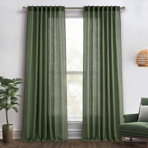 MIULEE Olive Green Linen Curtains 84 Inches Long 2 Panels for Bedroom Living Room, Back Tab & Pleat Tape with Hooks Soft Thick Linen Textured Window Drapes Semi Sheer Light Filtering Farmhouse Decor
