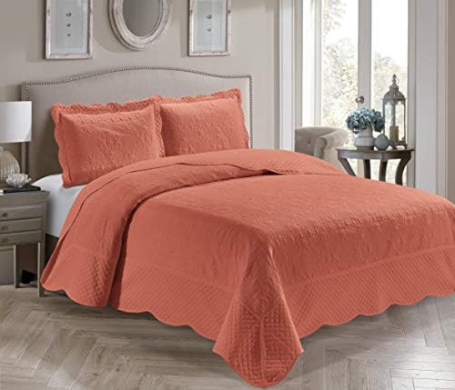 Higher Dwelling Type 3 Piece Luxurious Ultrasonic Embossed Stable Colour Quilt Coverlet Bedspread Outsized Mattress Cowl Set # Veronica (King / Cal-King, Orange / Coral)
