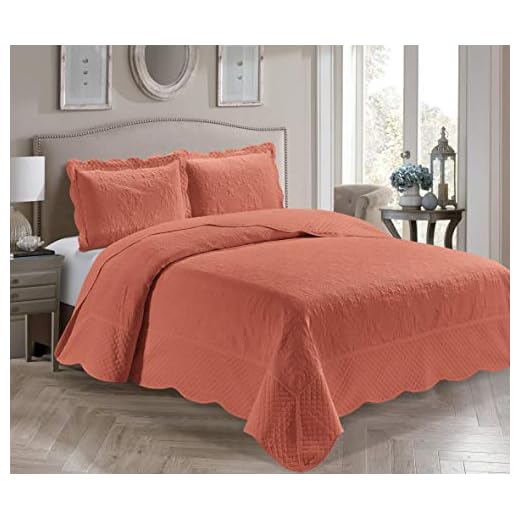 Better Home Style 3 Piece Luxury Ultrasonic Embossed Solid Color Quilt Coverlet Bedspread Oversized Bed Cover Set # Veronica (King/Cal-King, Orange/Coral)