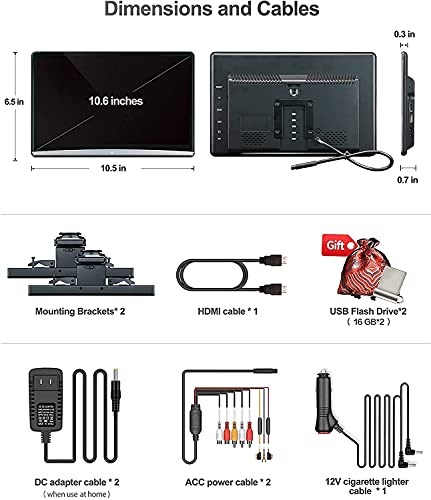 10.6 Inch 4K Android 9.0 Universal Headrest Monitor Video Player for Car TV Touch Screen Support 1080P Headset WiFi/Bluetooth/USB/SD/HDMI in/FM/Airplay NO DVD 2G ram+16G ROM (2 PC) (2 x Monitor) - Thumbnail 6