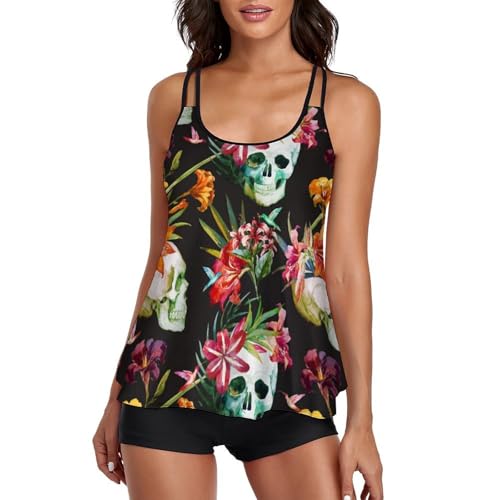 Short de garçon maillot de bain tankini femme dissimulant le ventre avec robe de plage crâne