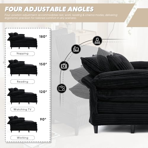 Image of Oversized Chaise Lounge Chair Indoor with 5-Position Adjustable Backrest, 54.8 inch Upholstered Corduroy Deep Seat Single Cloud Sofa Chair, Fluffy Modern Sleeper Couch Bed for Living Room, Black
