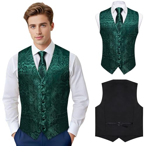 DiBanGu Mens Paisley Vest Tie Set with Lapel Pin Tie Clip 7PCS Silk Woven Necktie and V-Neck Suit Waistcoat for Tuxedo Party4