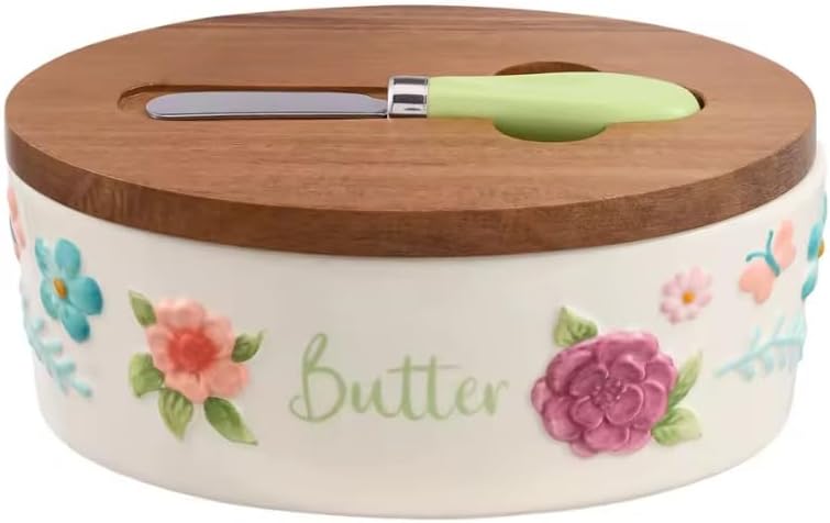 Butter Dish Set Acacia Wood Lid Metal Serving Knife Floral Embossed Stoneware Butter Storage Handcrafted Kitchen