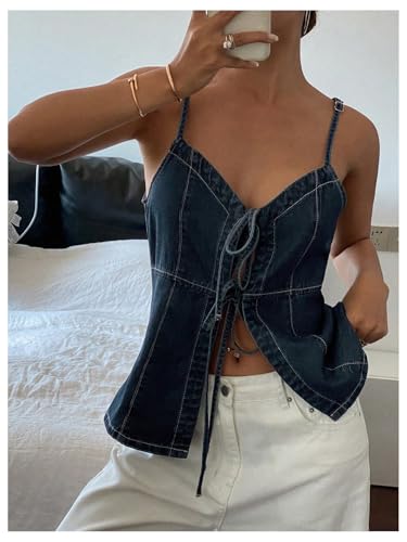 GORGLITTER Women's Denim Bow Tie Front Tops Sleeveless Strappy Backless Y2k Cute Summer Rave Peplum Tops Dressy Trendy4