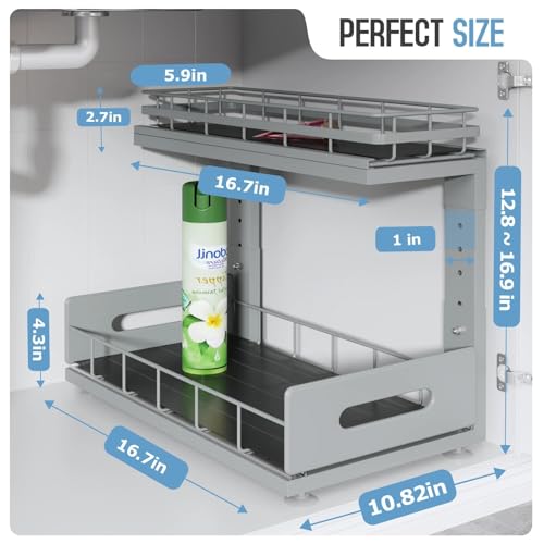 Image of Under Sink Organizer Upgrade To Professional Rails,2-Tier Dual Pull Out Cabinet Storage,Height Adjustable Slide Out Drawers For Bathroom Kitchen,2 Pack-16.7 inchDx12.8 inch-16.9 inchH,Gun Gray