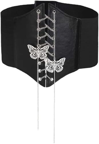 RPAEOY Women Elastic Corset Waist Belt Wide Leather Butterfly Rivets Chain Elastic Stretchy Vintage Retro Cinch Belt Waistband for Dress Coat Shirt Cosplay Costume (#1)