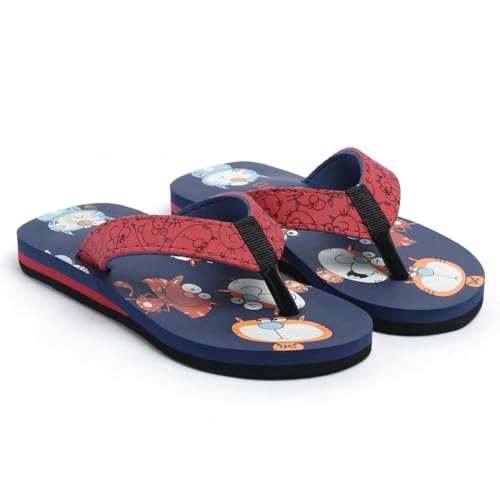 Cutties Kids Cartoon Print Flip Flops with EVA Strap, Fun Animal Design Beach Sandals, Available in Black, Navy Blue, Grey Colors (BLUE, UK Footwear Size System, Big Kid, Women, Numeric Range, Medium, 9, 10)