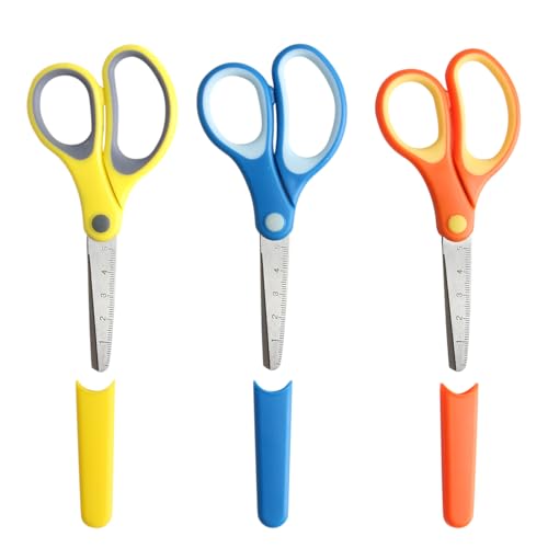 Juego de 3 Tijeras, 14,6cm Tijeras de Seguridad para Niños, Tijeras Punta Redonda Multiusos Mangos de Fácil Agarre, Tijeras Escolares para Manualidades para Niños y Niñas (Naranja/Amarillo/Azul)