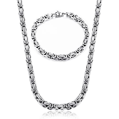 CASSIECA 2Pcs Argent Collier Homme Acier Inoxydable Byzantine Collier Byzantine Bracelets pour Homme Femme Punk Chaîne 6mm